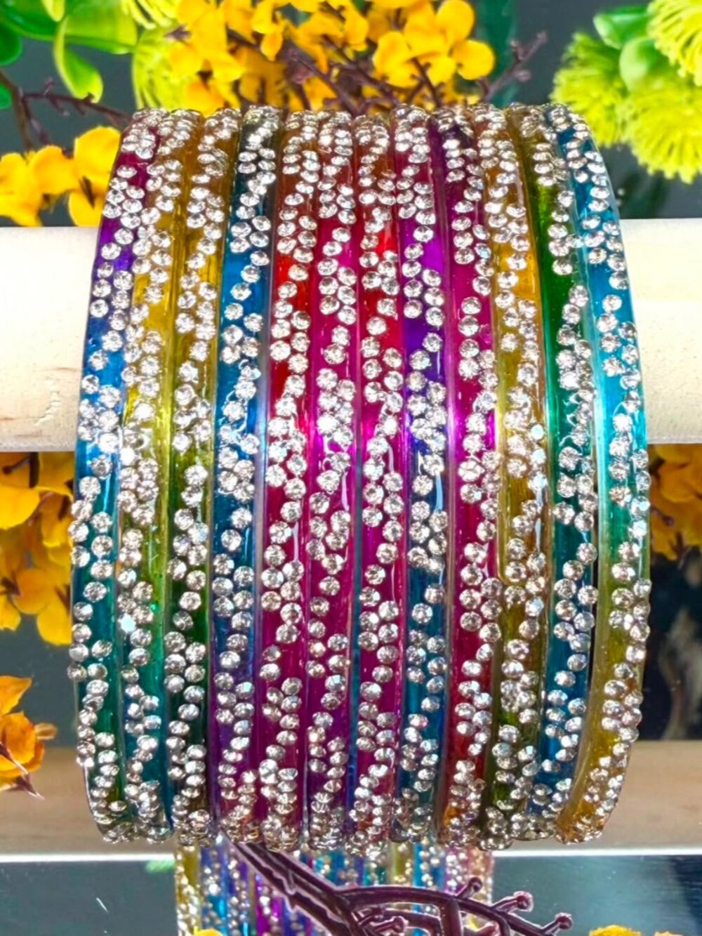 12PC Dark Multi Rhinestone Resin Bangle Bracelets Stackable Sparkle Set